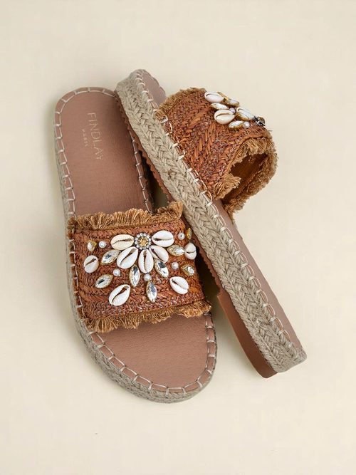 Сандалі Royalfashion Callista Boho Camel на плоскій платформі з мушлями