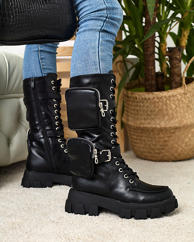 Černé pracovní boty s ozdobnými sáčky na svršku Sello- Footwear