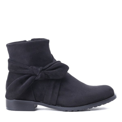 Czarne, zamszowe botki z kokardą - Obuwie