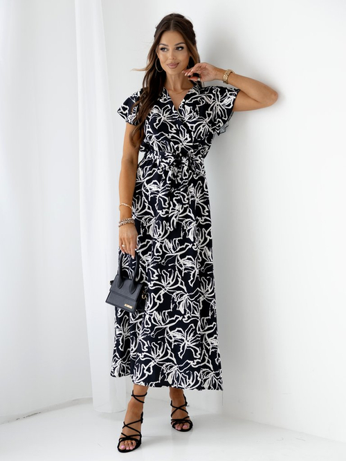 Royalfashion Візерунчаста жіноча міді-сукня з короткими рукавами, запахом і поясом