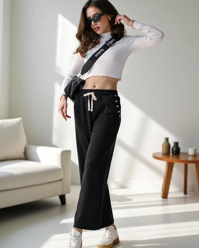 Royalfashion Dámské široké tepláky s kamínky