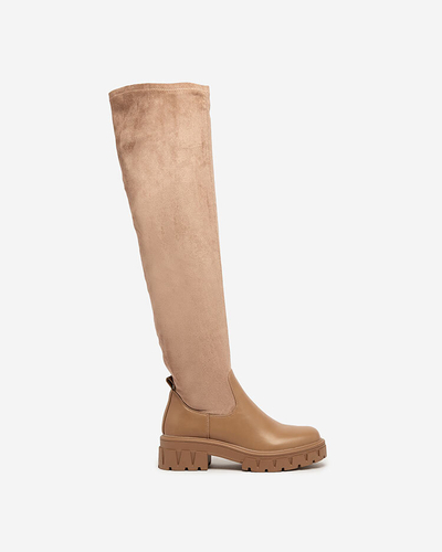 Royalfashion Světle hnědé dámské nazouvací kozačky nad kolena Retamon