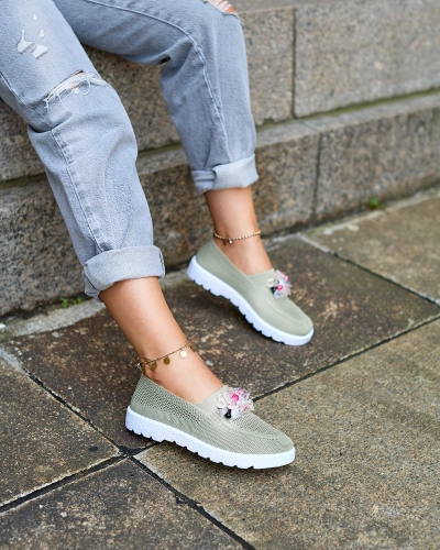 Royalfashion Khaki dámské látkové mokasíny s krystaly Fezens