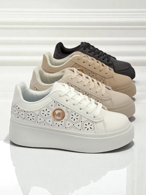 Жіночі снікерси Aelia Royalfashion на платформі білі ажурні ecru