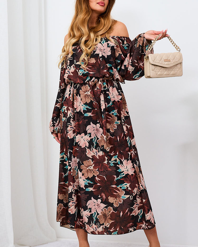 Royalfashion Чорно-коричнева квіткова максі-сукня для жінок