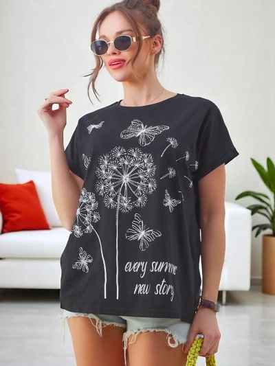 Royalfashion Женська бавовняна футболка з кульбабами та метеликом