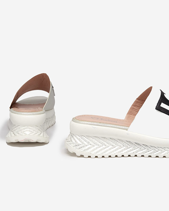 Bílé lesklé dámské pantofle s nápisem Sosha- Footwear