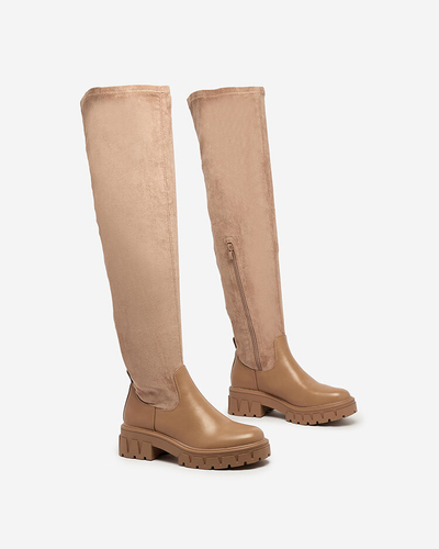 Royalfashion Světle hnědé dámské nazouvací kozačky nad kolena Retamon