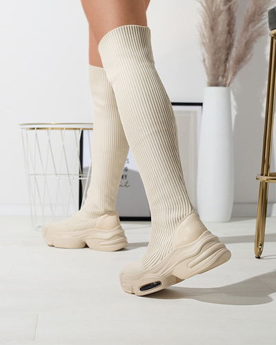 OUTLET Béžové dámské nazouvací kozačky nad kolena Georisa - Obuv