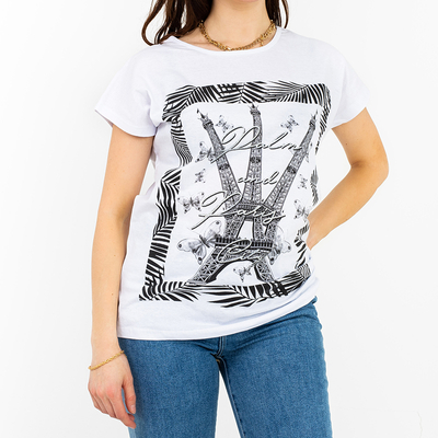 Dámské bílé tričko s barevným potiskem a třpytkami - Oblečení