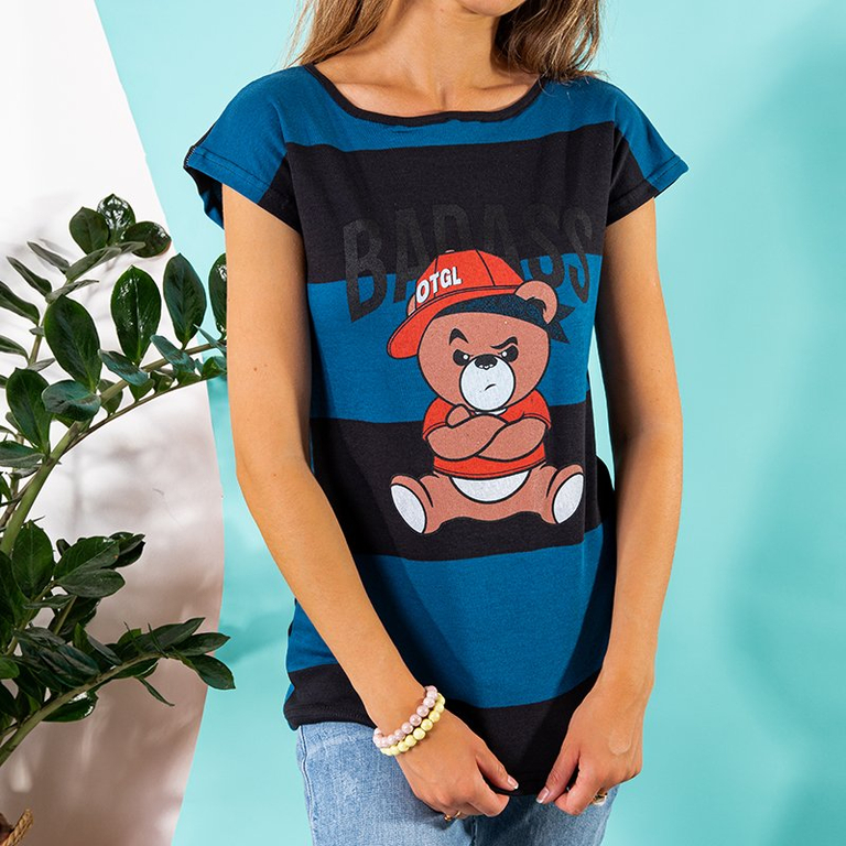 Černé a modré dámské pruhované tričko s potiskem - Oblečení