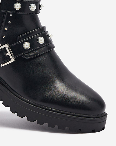 Ботильйони жіночі з еко шкіри з перлами чорного кольору Saalo- Footwear