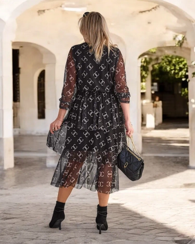Royalfashion Černé síťované midi šaty s potiskem