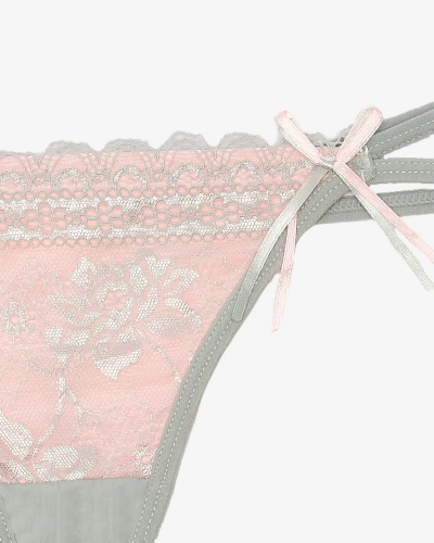 Dámská šedorůžová tanga s krajkou a ozdobnými pásky - Spodní prádlo