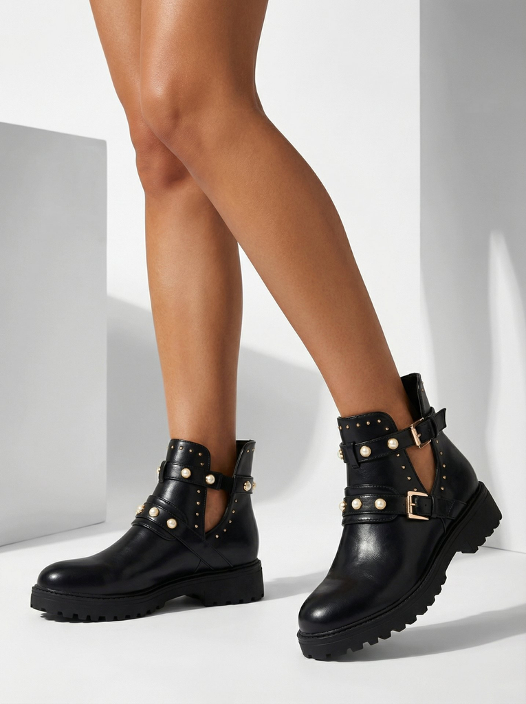 Royalfashion Černé dámské zdobené boty na podpatku Pearl Elegance