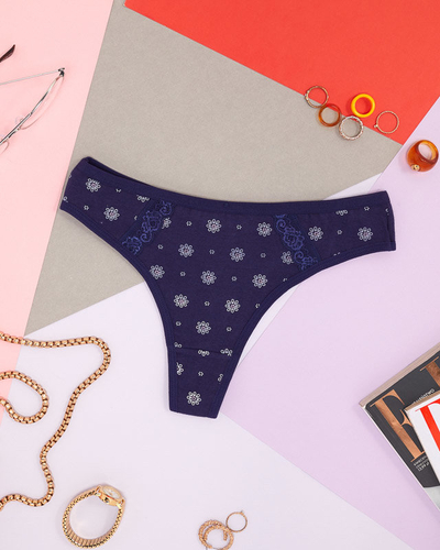 Námořnická modrá dámská bavlněná tanga s květinami - Spodní prádlo