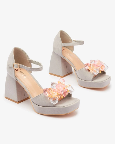 Жіночі босоніжки OUTLET Royalfashion Grey на масивній шпильці з кристалами Celidi