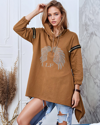 Royalfashion Hnědá dámská oversized mikina se zipy