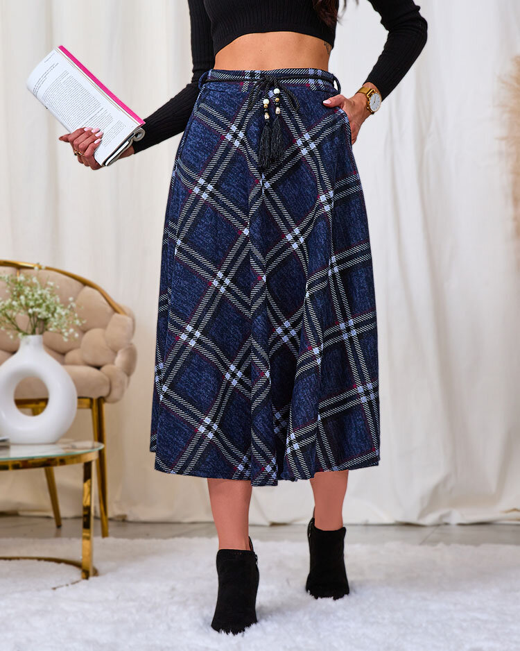 Royalfashion Dámská šedočervená dlouhá kostkovaná sukně