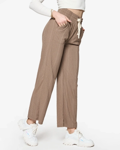 Široké dámské žebrované kalhoty v hnědé barvě- Oblečení