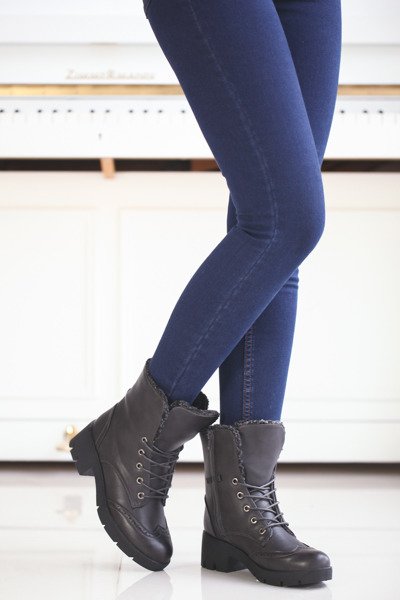 Ciemnoszare traperki z ażurowaniem - Obuwie