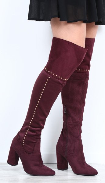 Burgundowe kozaki na słupku - Obuwie