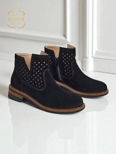 Botki Aurelia Nero zamszowe ażurowe botki damskie płaski obcas 3cm