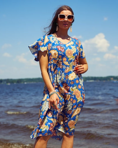 Royalfashion Kobaltové dámské šaty s barevným květinovým vzorem