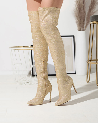 Zlaté dámské kozačky nad kolena se třpytkami Qesda- Obuv