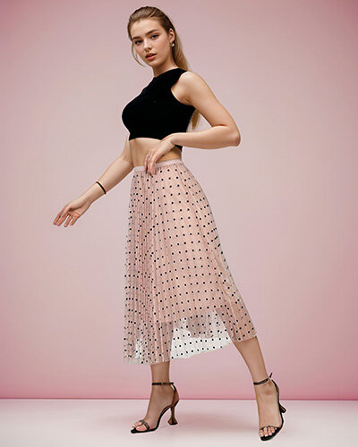 Royalfashion Dámská dvouvrstvá puntíkovaná midi sukně