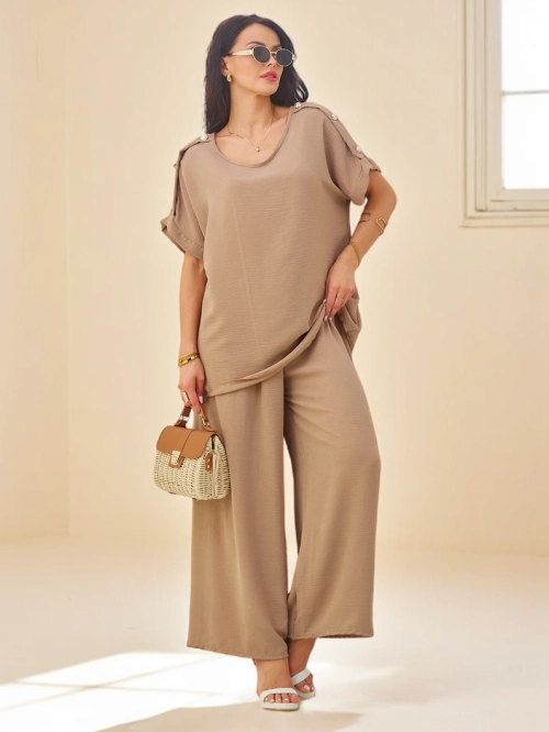 Royalfashion Коттонний жіночий комплект з коротким рукавом та широкими штанами