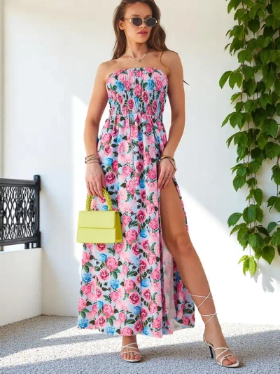 Royalfashion Pestré midi šaty bez rukávů, s širokým elastickým pasem a rozparky na spodní části