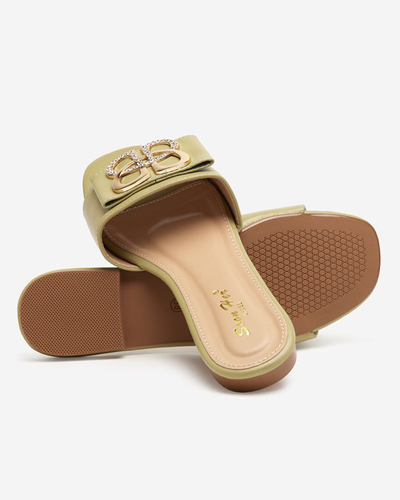 Zelené dámské pantofle se zlatou Perls sponou - Obuv