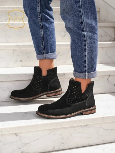 Botki Aurelia Nero zamszowe ażurowe botki damskie płaski obcas 3cm