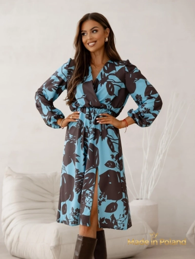 Šaty Afrodyta Blu Oceano – modré midi, dlouhé rukávy, klasický styl