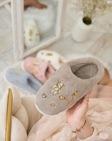 Royalfashion Šedé dámské kožešinové pantofle s ornamenty Erserra