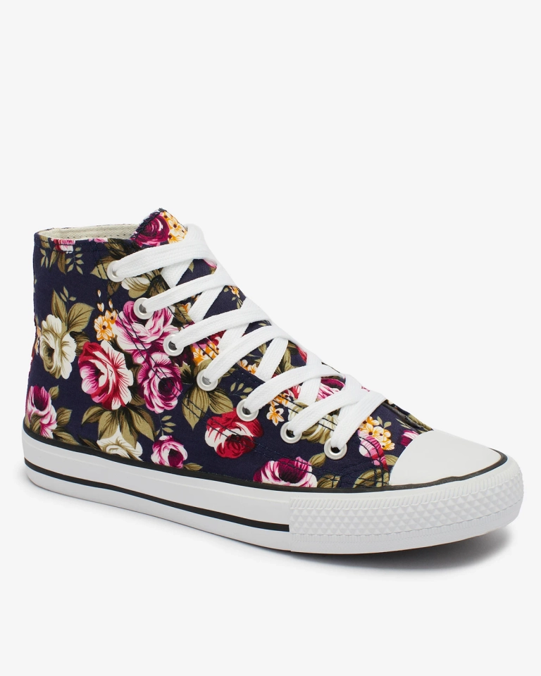 Royalfashion Dámské tmavě modré vysoké tenisky s květinovým vzorem Soxic