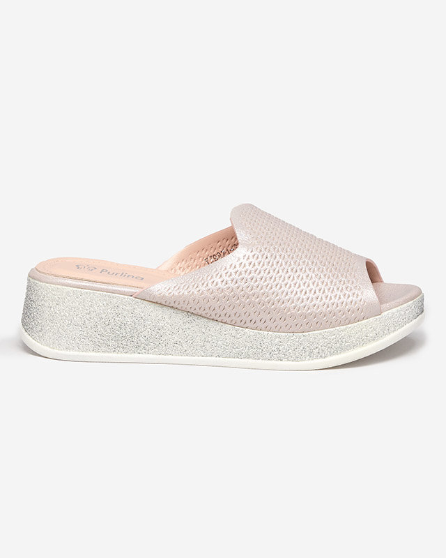 Lekisa růžové dámské prolamované pantofle na klínku se třpytkami - Boty