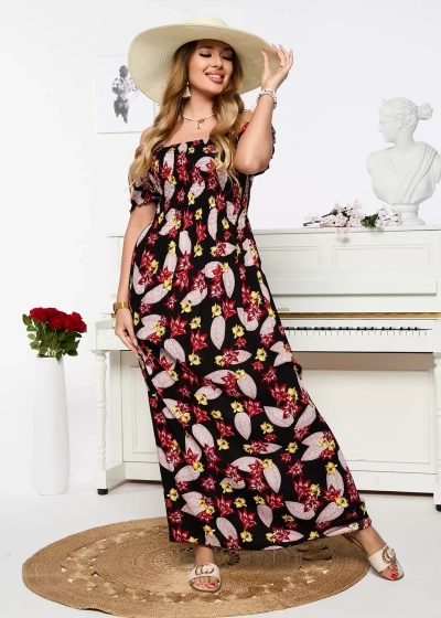 Dámské černé midi šaty s červeným květinovým vzorem - Oblečení