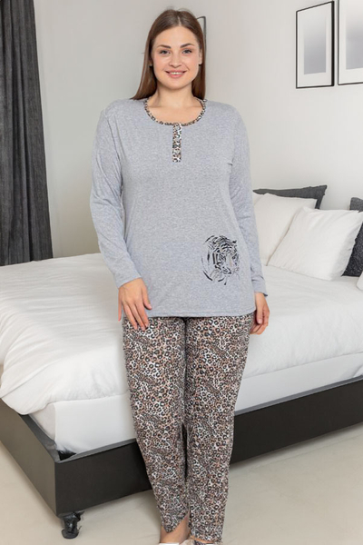 Royalfashion Šedé dámské dvoudílné pyžamo s leopardím vzorem NADROPNÍ VELIKOST