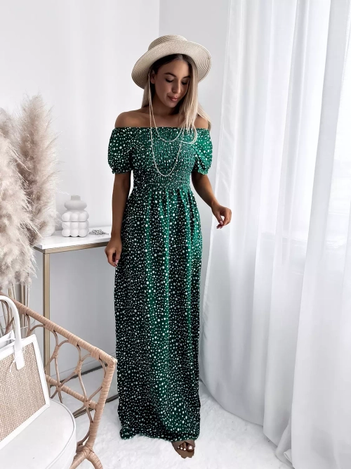 Зелена жіноча максі-сукня в горох - Одяг