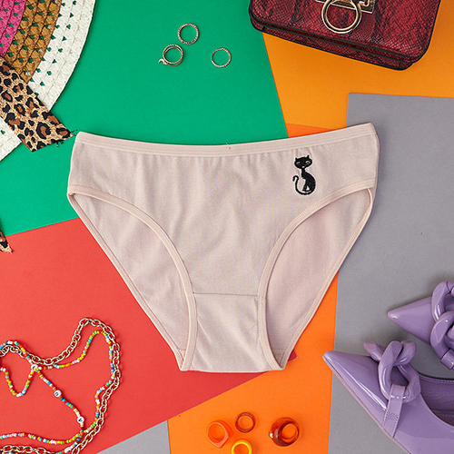 Бежеві бавовняні жіночі трусики з вишитим кошеням - Нижня білизна