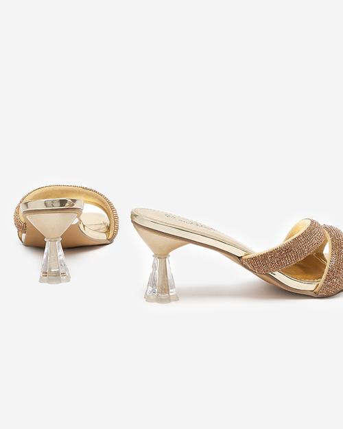 Золоті жіночі шльопанці на низьких підборах Teroo