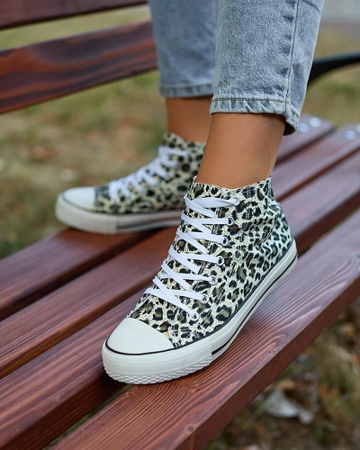 Royalfashion Dámské béžovo-hnědé vysoké tenisky s módním vzorem Jungle Jive