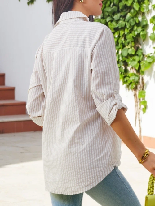 Royalfashion Жіноча бавовняна смугаста сорочка з зав'язкою внизу