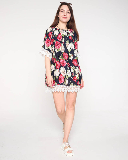 Темно-синя жіноча блузка в квіти PLUS SIZE