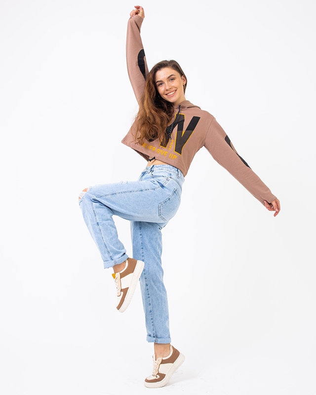 Světle hnědý dámský top s kapucí - Oblečení