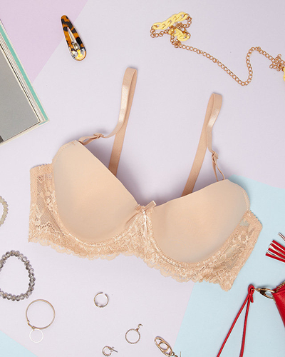 Béžová jednobarevná hladká dámská podprsenka s krajkou - Spodní prádlo