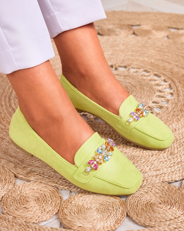 Royalfashion Neonově zelené dámské mokasíny s krystaly Olkeri