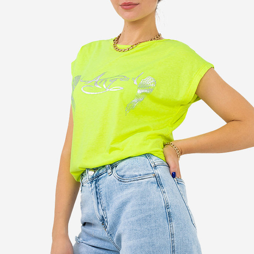 Неонова зелена жіноча футболка з золотим принтом і написом - Одяг